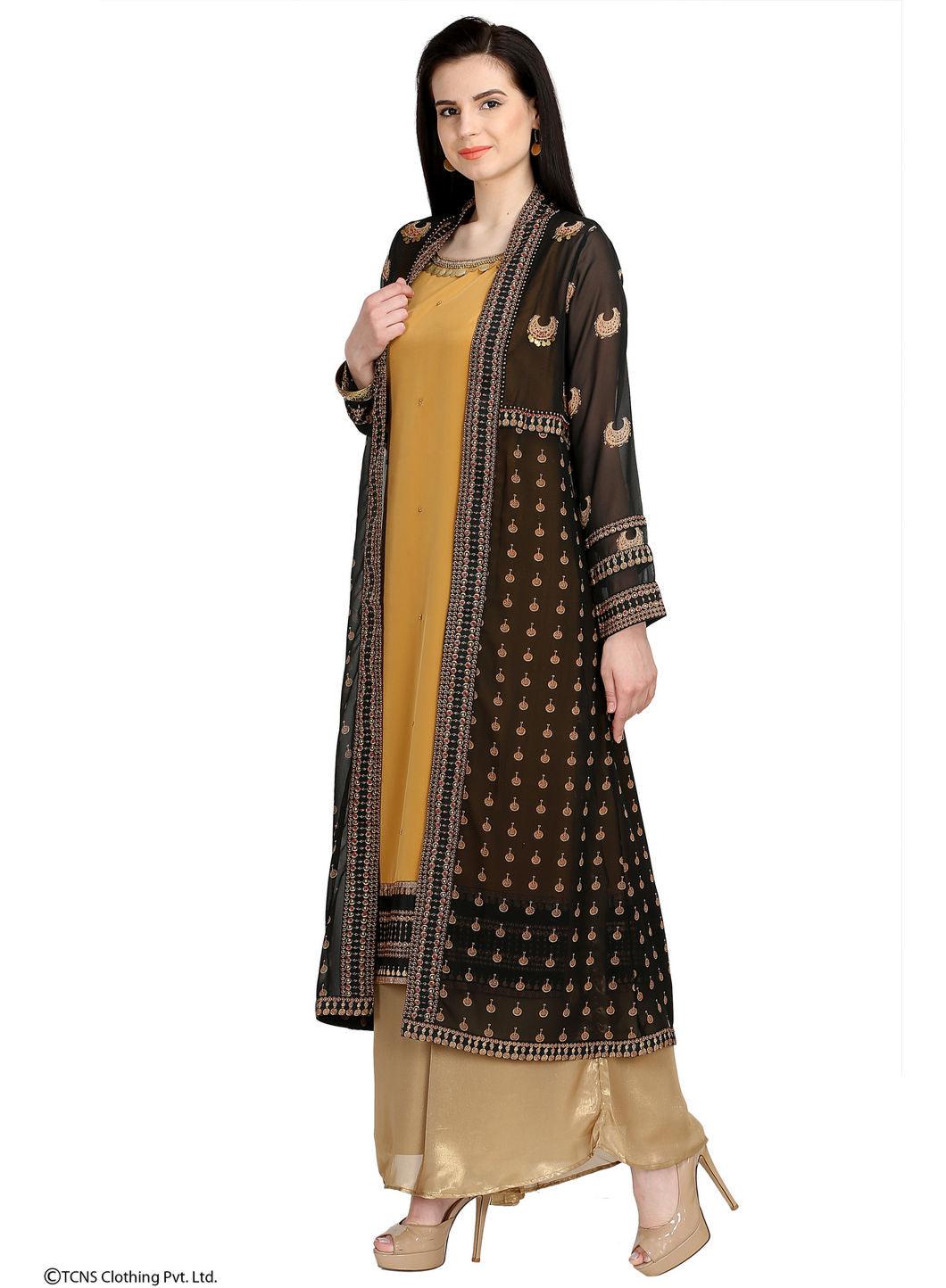 Black Dual Layered Printed Full Sleeve kurta - wforwoman