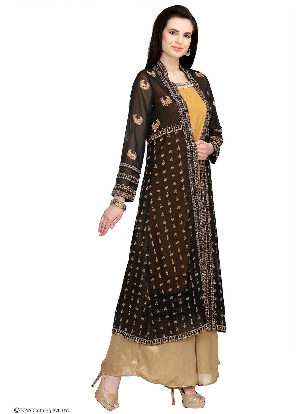 Black Dual Layered Printed Full Sleeve kurta - wforwoman