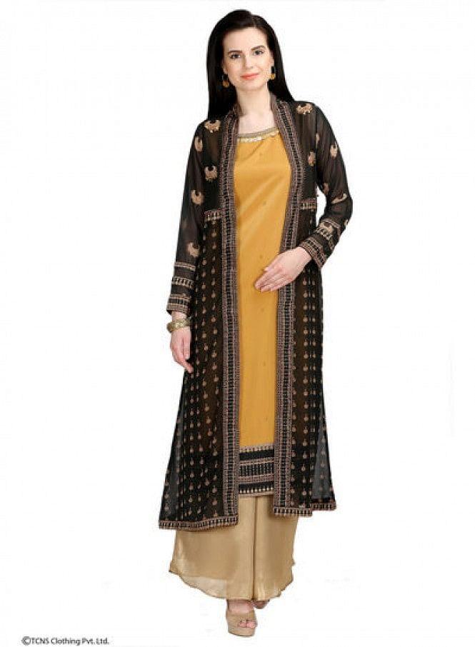 Black Dual Layered Printed Full Sleeve kurta - wforwoman