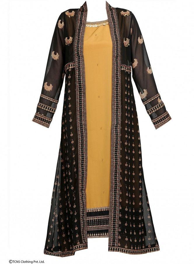 Black Dual Layered Printed Full Sleeve kurta - wforwoman