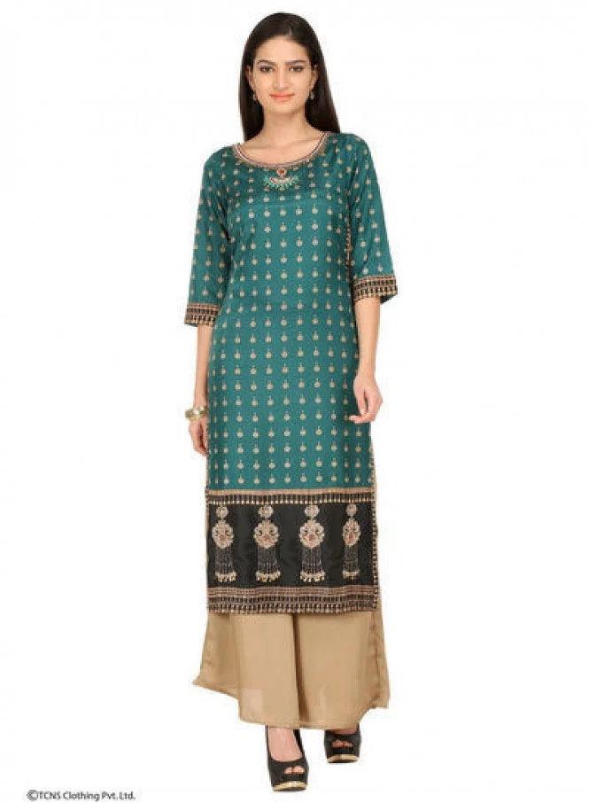 Green Printed 3/4 Sleeve kurta - wforwoman