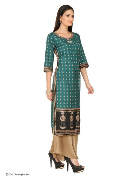 Green Printed 3/4 Sleeve kurta - wforwoman