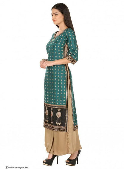 Green Printed 3/4 Sleeve kurta - wforwoman