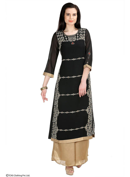 Black Embellished 3/4 Sleeve kurta - wforwoman