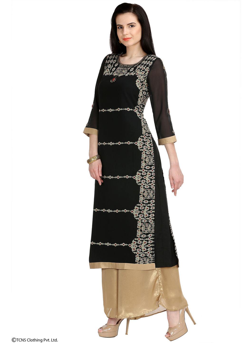 Black Embellished 3/4 Sleeve kurta - wforwoman