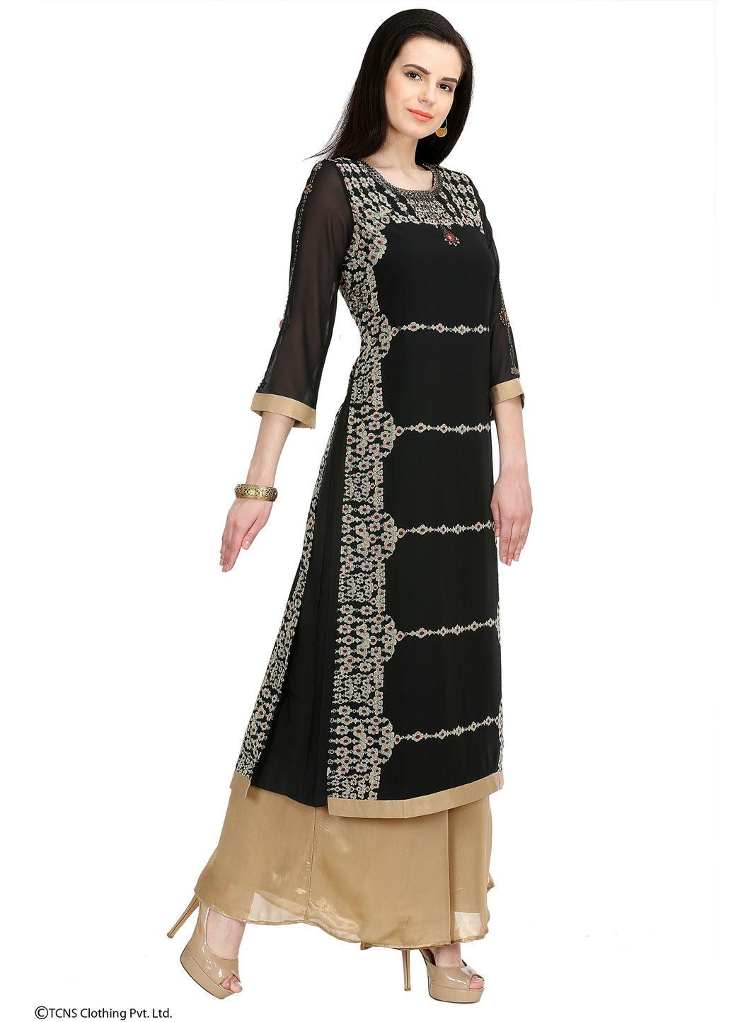 Black Embellished 3/4 Sleeve kurta - wforwoman