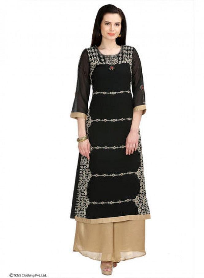 Black Embellished 3/4 Sleeve kurta - wforwoman