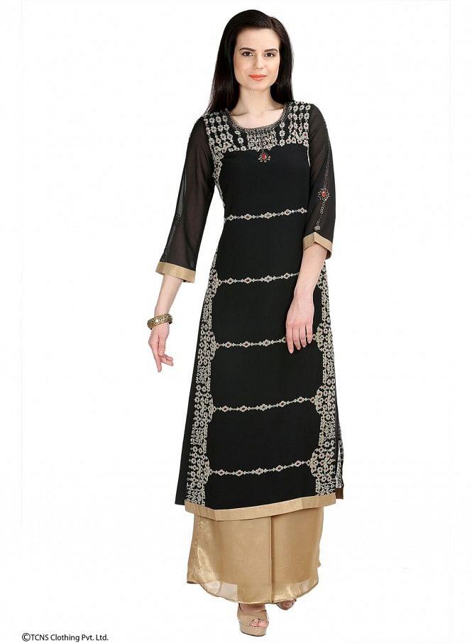 Black Embellished 3/4 Sleeve kurta - wforwoman