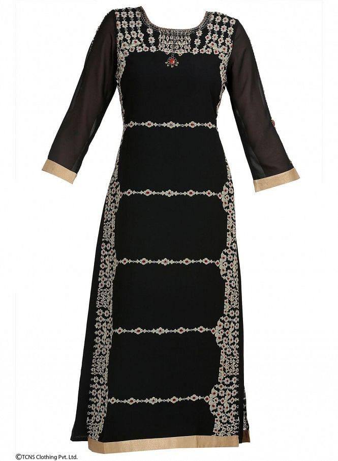 Black Embellished 3/4 Sleeve kurta - wforwoman