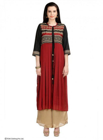 Red Dual Layered Printed 3/4 Sleeve kurta - wforwoman