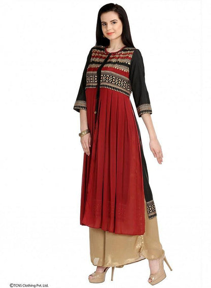 Red Dual Layered Printed 3/4 Sleeve kurta - wforwoman