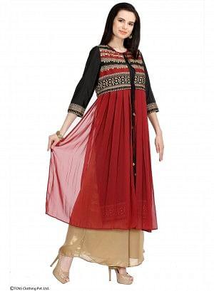 Red Dual Layered Printed 3/4 Sleeve kurta - wforwoman