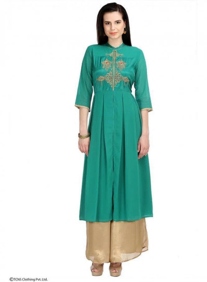 Green Embroidered 3/4 Sleeve kurta - wforwoman