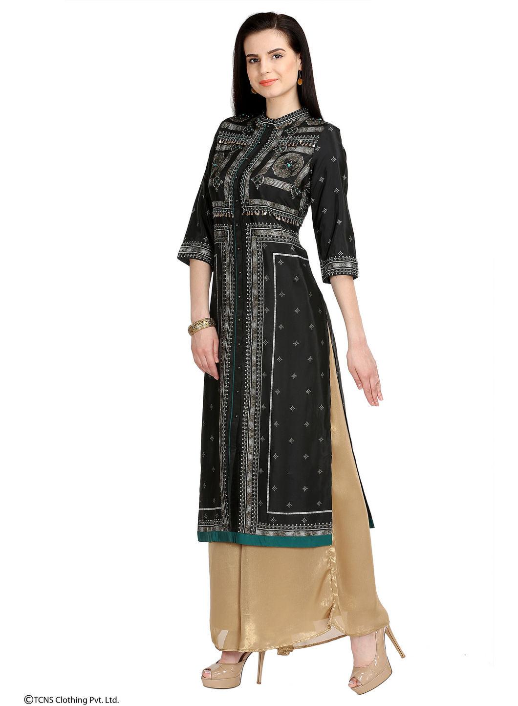 Black Printed 3/4 Sleeve kurta - wforwoman