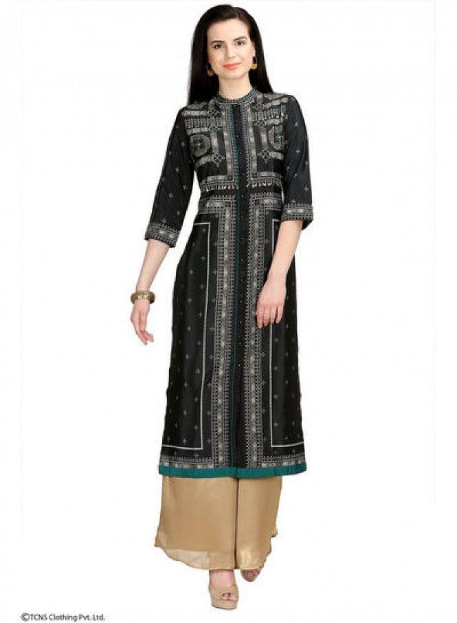 Black Printed 3/4 Sleeve kurta - wforwoman