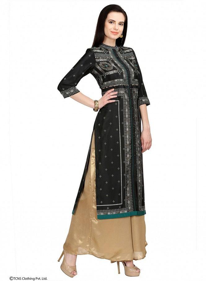 Black Printed 3/4 Sleeve kurta - wforwoman