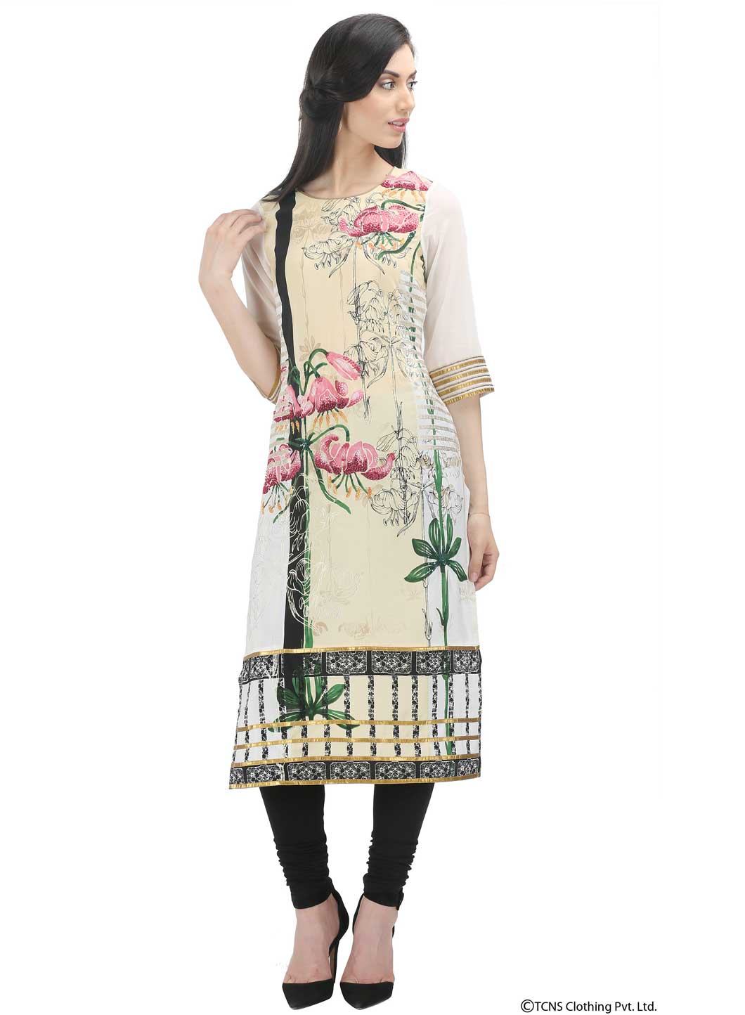 White Printed 3/4 Sleeve kurta