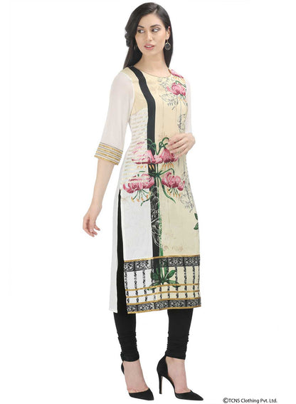 White Printed 3/4 Sleeve kurta