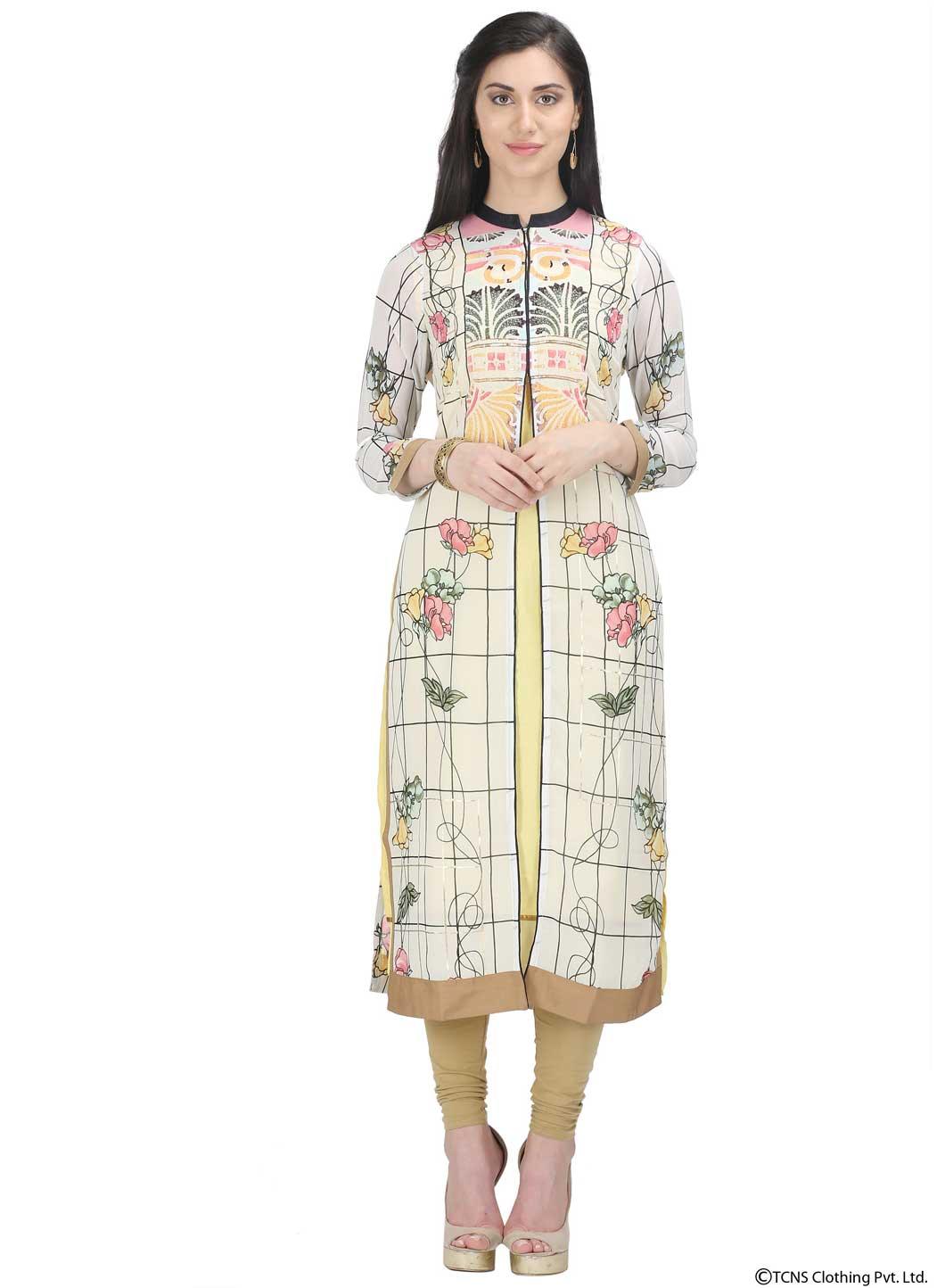 White Printed 3/4 Sleeve kurta - wforwoman