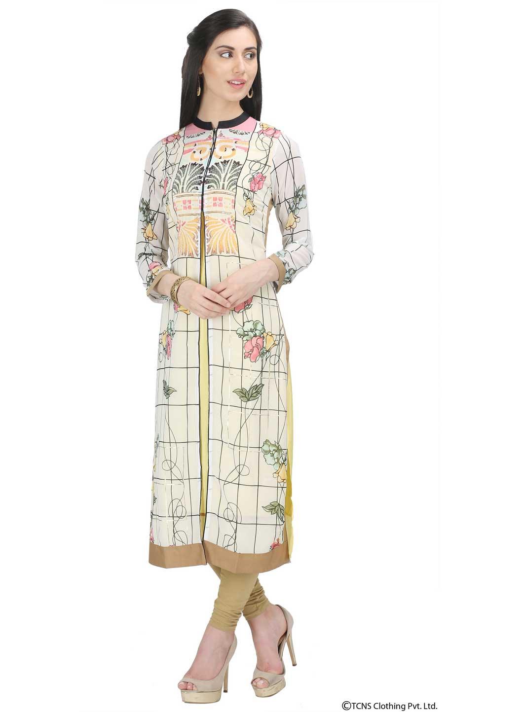 White Printed 3/4 Sleeve kurta - wforwoman