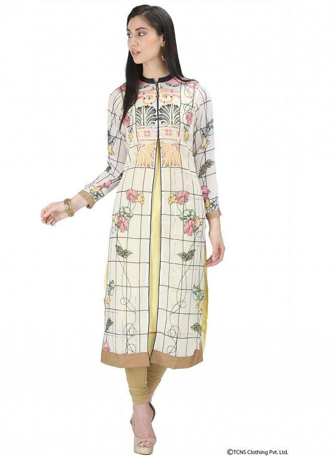 White Printed 3/4 Sleeve kurta - wforwoman