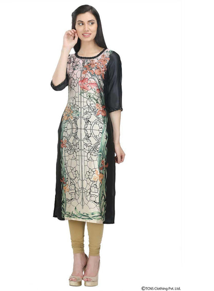 Black Printed 3/4 Sleeve kurta - wforwoman