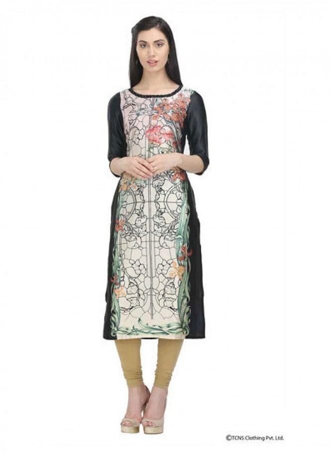 Black Printed 3/4 Sleeve kurta - wforwoman