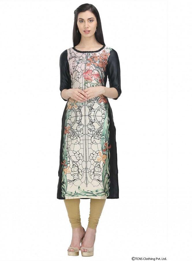 Black Printed 3/4 Sleeve kurta - wforwoman