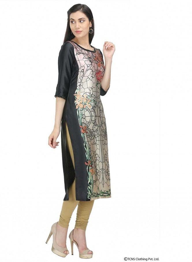 Black Printed 3/4 Sleeve kurta - wforwoman