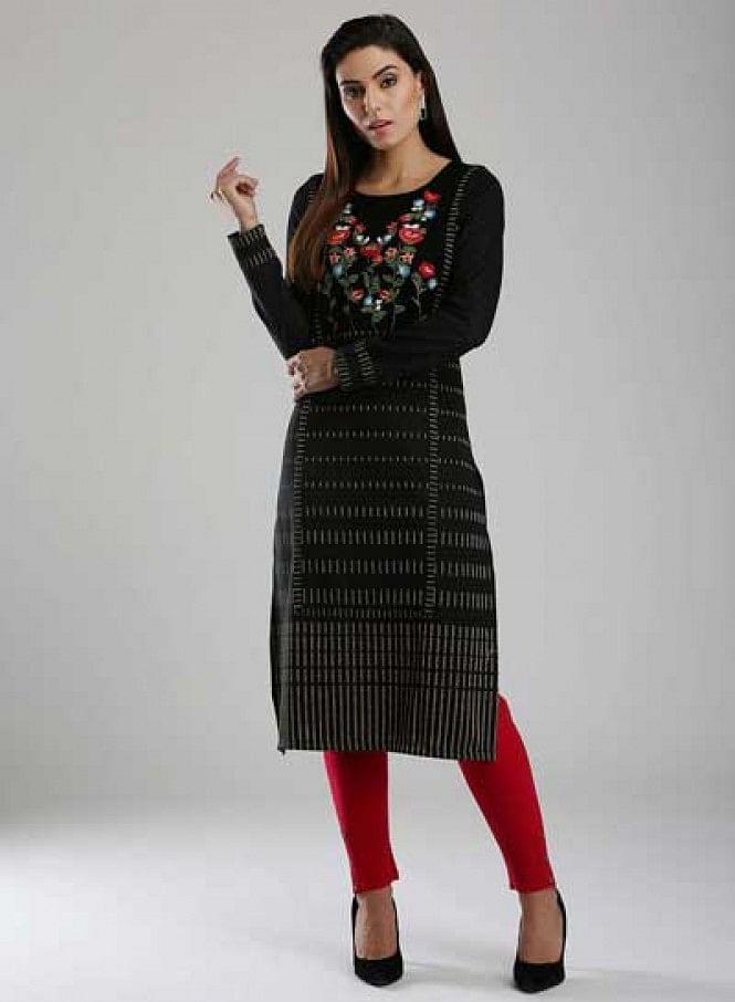 Black Printed Woollen kurta - wforwoman