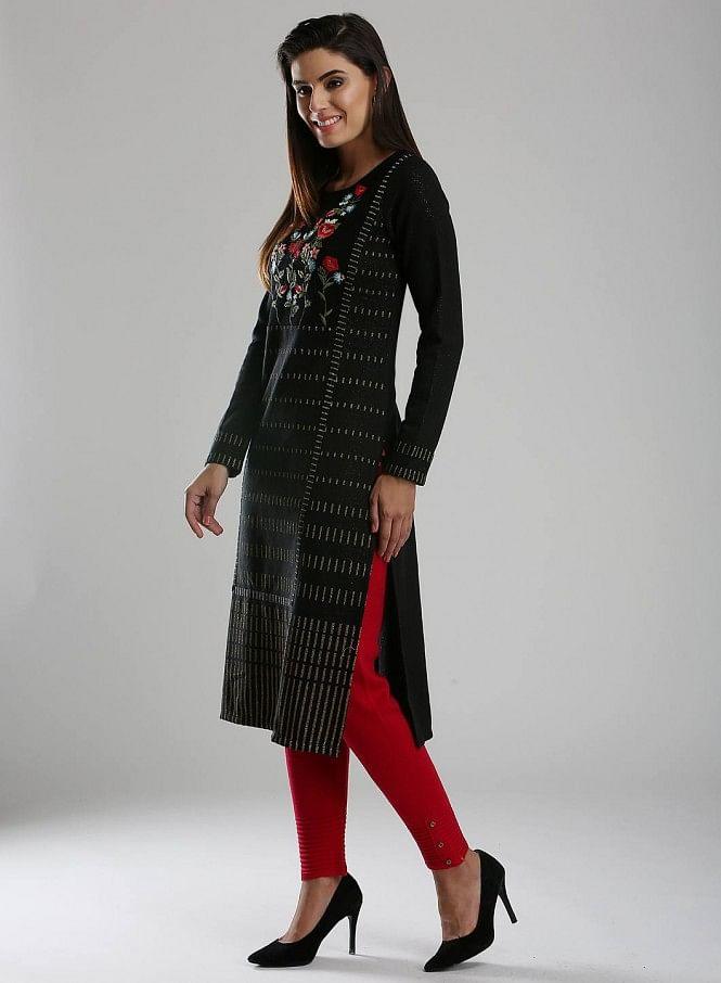 Black Printed Woollen kurta - wforwoman