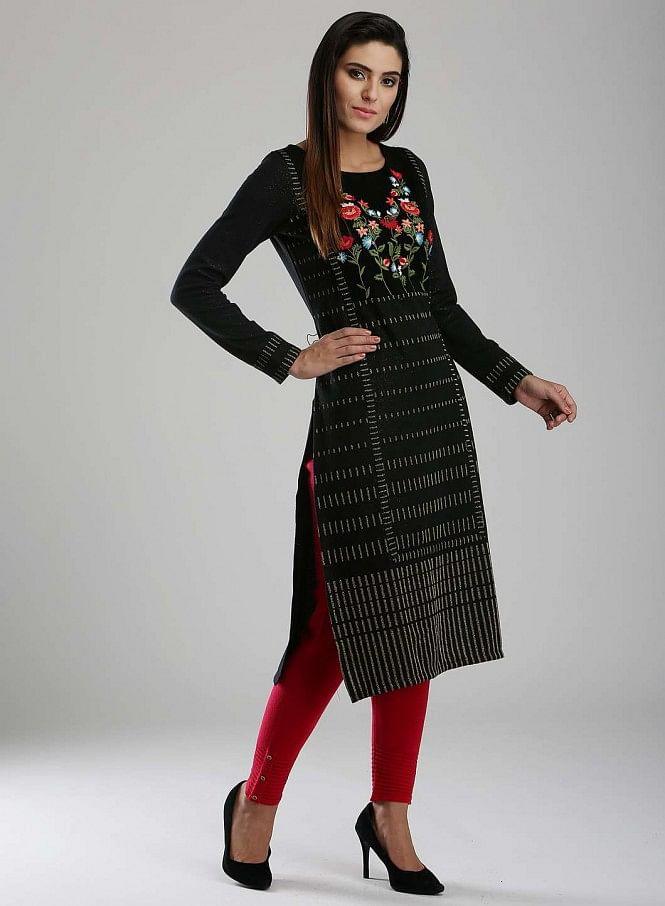 Black Printed Woollen kurta - wforwoman