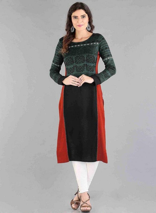 Black Round Neck Winter kurta - wforwoman