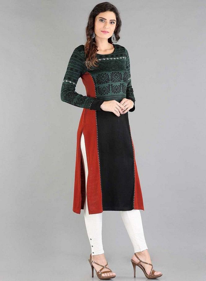 Black Round Neck Winter kurta - wforwoman