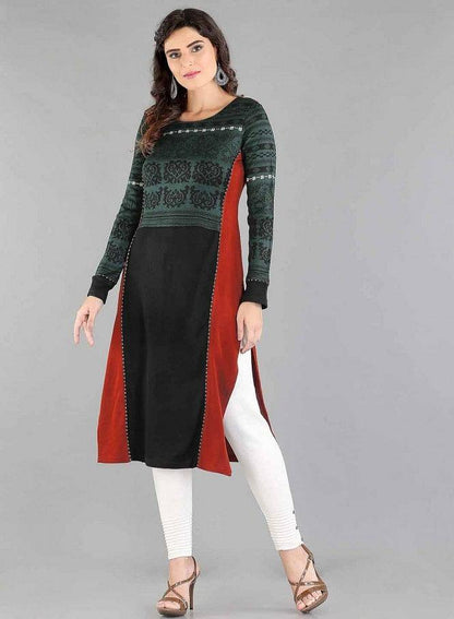 Black Round Neck Winter kurta - wforwoman