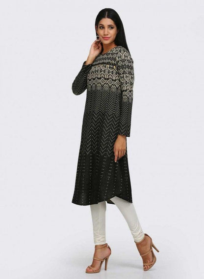 Black Round Neck Winter kurta - wforwoman