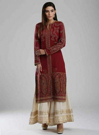 Maroon Woollen Mandarin Neck kurta - wforwoman