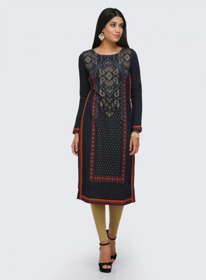 Blue Printed Winter kurta - wforwoman