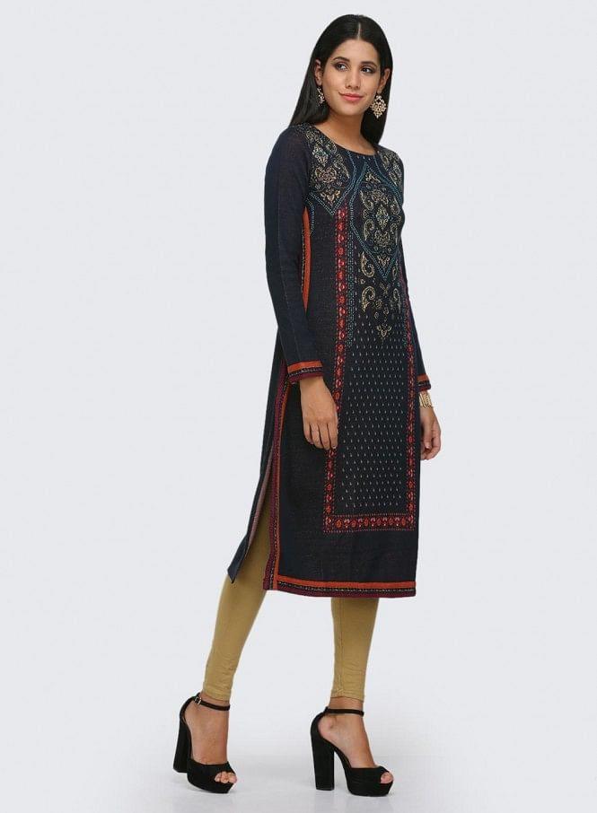 Blue Printed Winter kurta - wforwoman