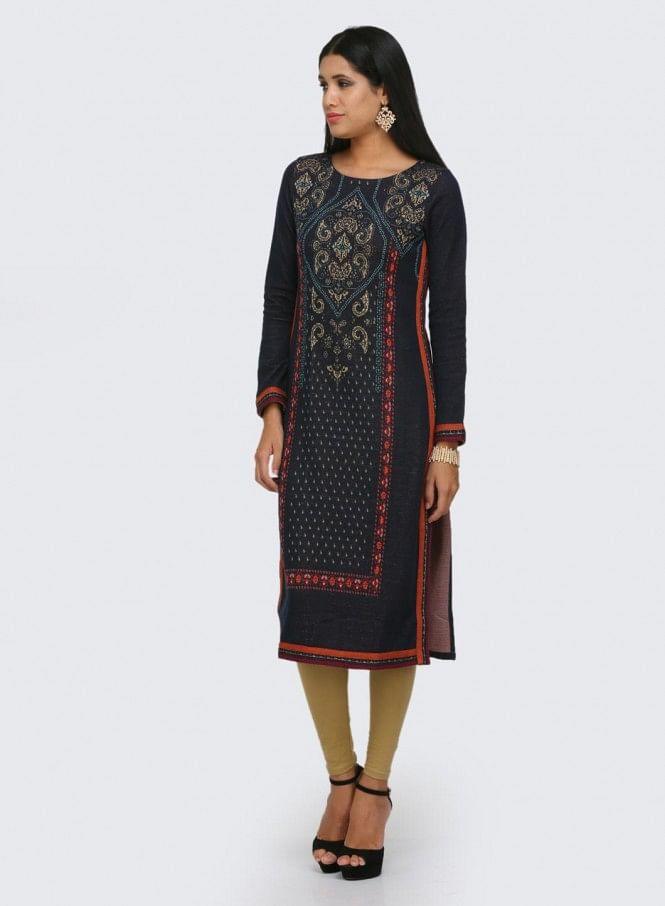 Blue Printed Winter kurta - wforwoman