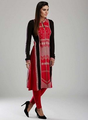 Red &amp; Black Woollen Mandarin Neck kurta