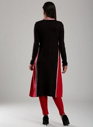 Red &amp; Black Woollen Mandarin Neck kurta