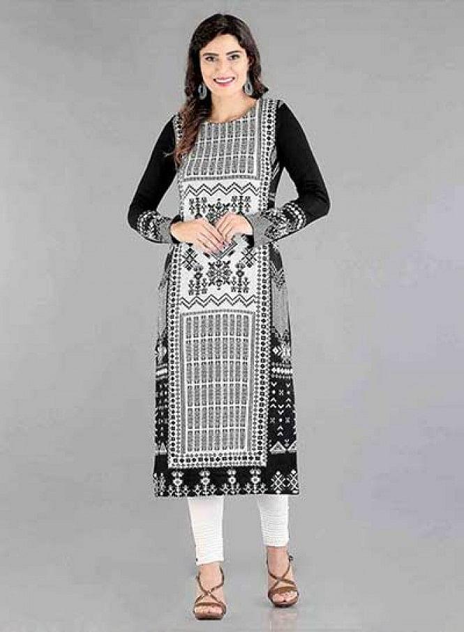 Black Round Neck Winter kurta - wforwoman