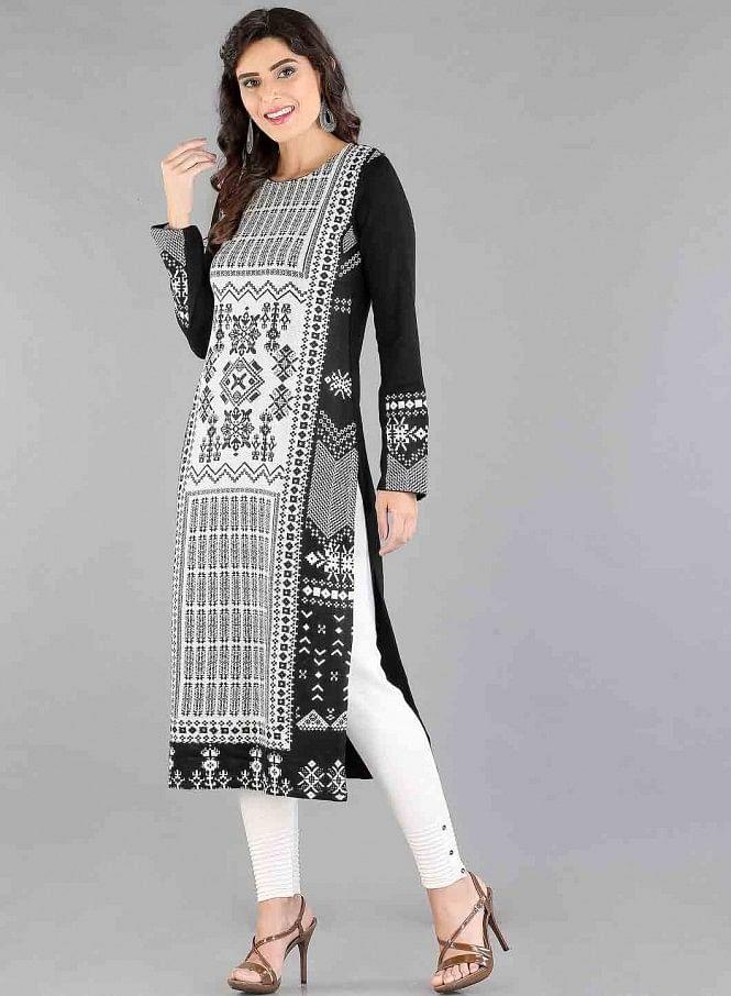 Black Round Neck Winter kurta - wforwoman