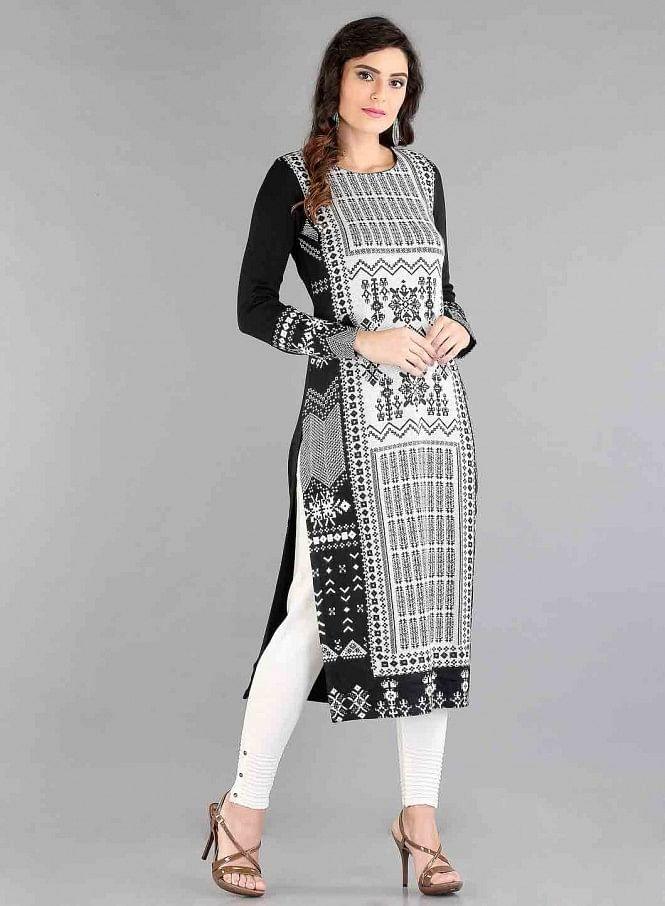 Black Round Neck Winter kurta - wforwoman