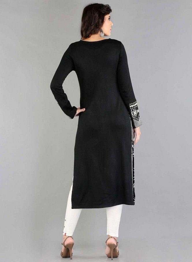 Black Round Neck Winter kurta - wforwoman