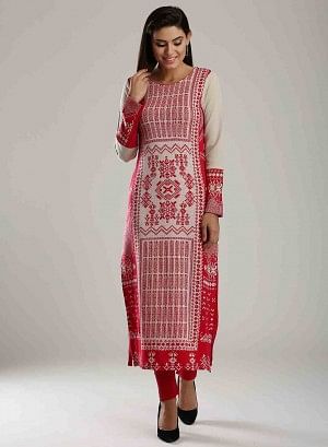 Pink &amp; White Woollen Round Neck kurta