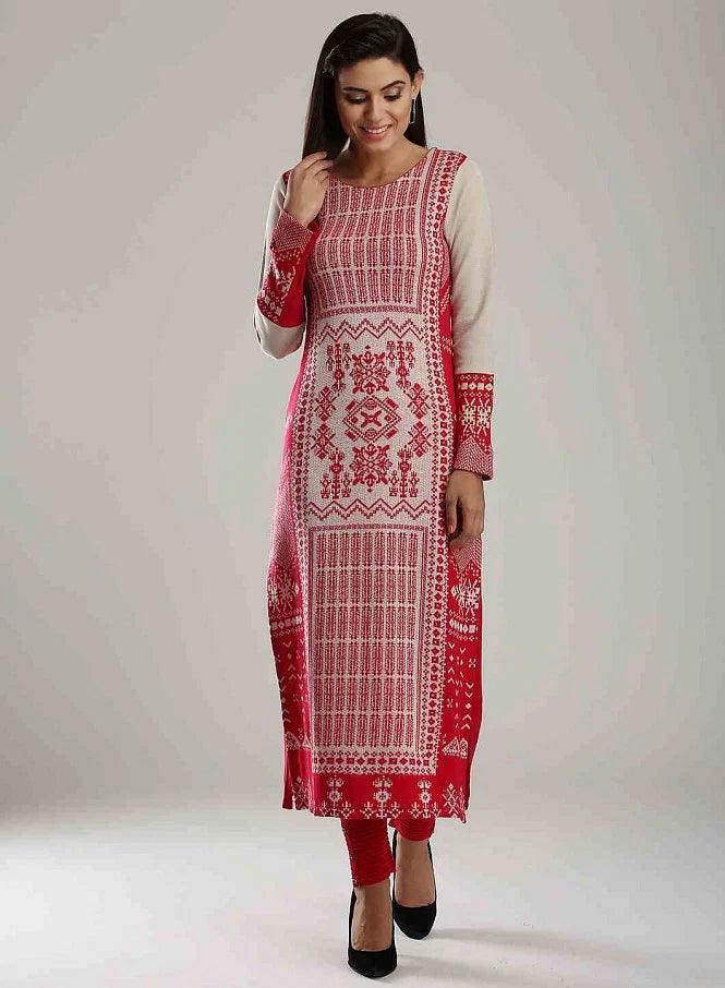 Pink &amp; White Woollen Round Neck kurta - wforwoman