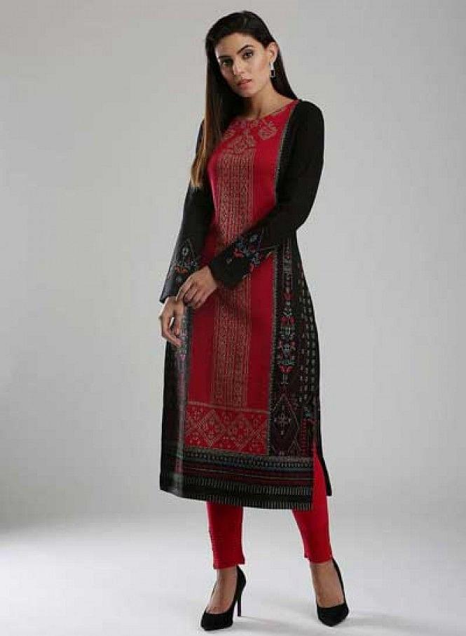 Black &amp; Pink Woollen Round Neck kurta - wforwoman