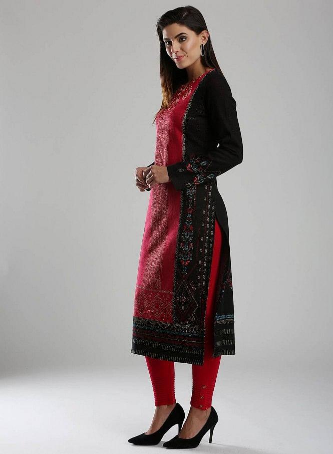 Black &amp; Pink Woollen Round Neck kurta - wforwoman